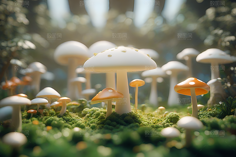 树木和灌木丛旁的蘑菇群渲染