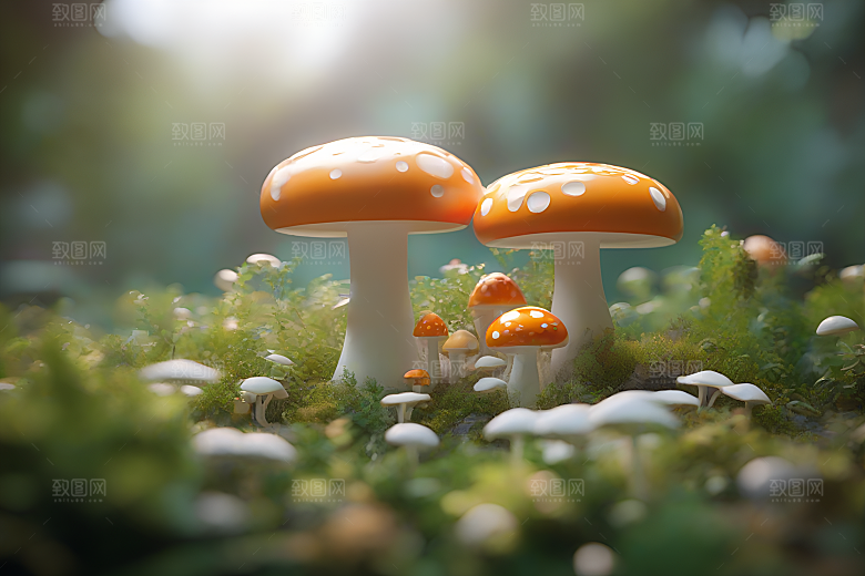 树木和灌木丛旁的蘑菇群渲染