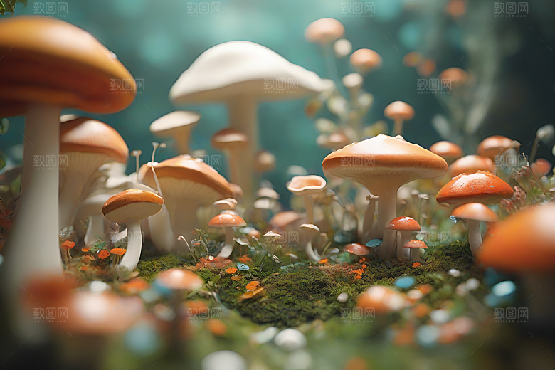 树木和灌木丛旁的蘑菇群渲染