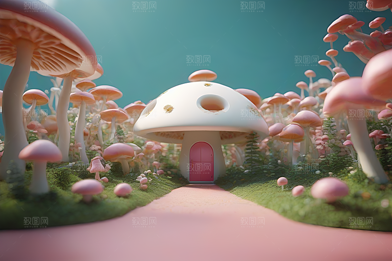 草地上蘑菇的3D渲染效果