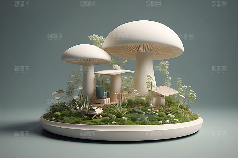 草地上蘑菇的3D渲染效果