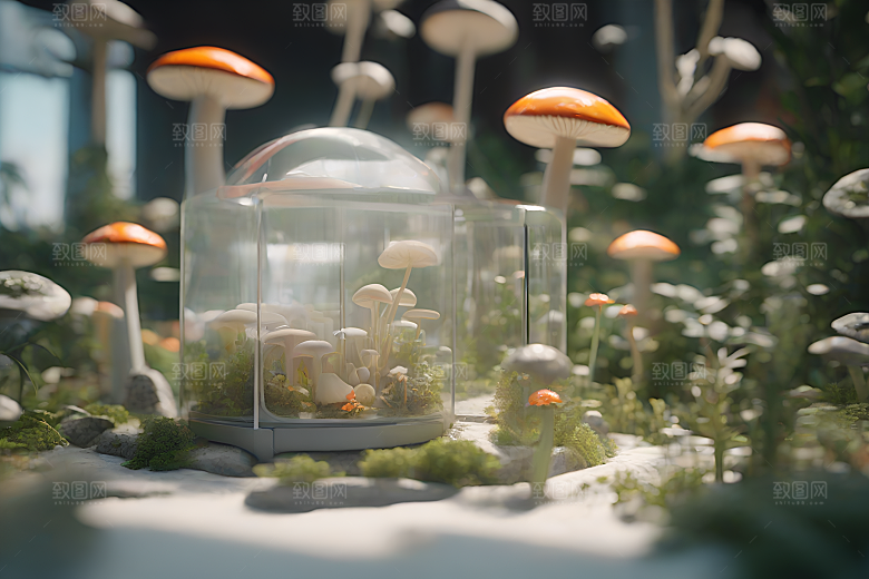 草地上蘑菇的3D渲染效果