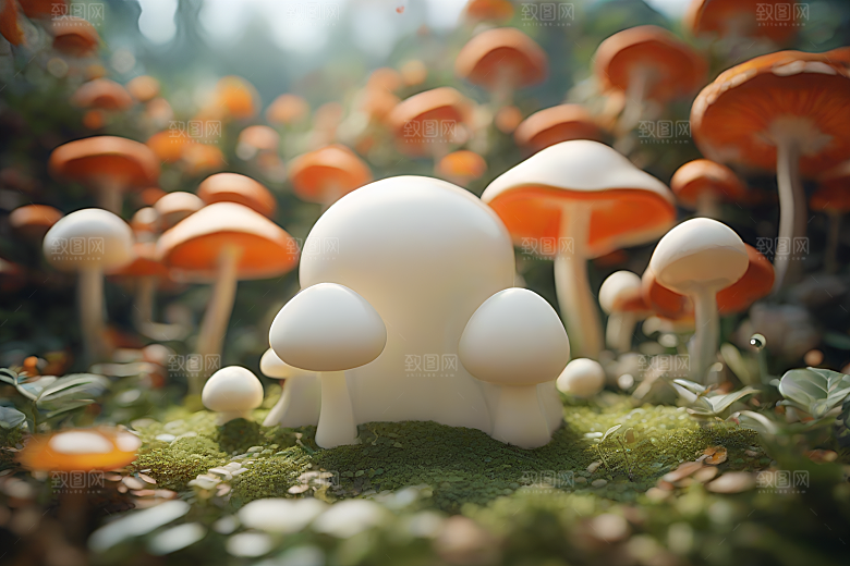 草地上蘑菇的3D渲染效果