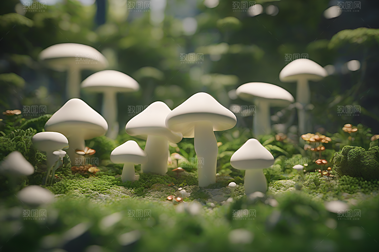 草地上蘑菇的3D渲染效果