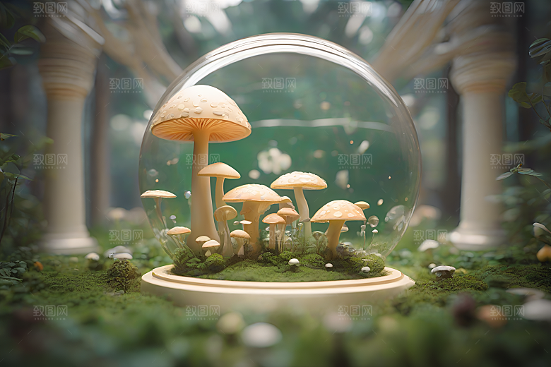 草地上蘑菇的3D渲染效果