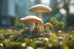 草地上蘑菇的3D渲染效果