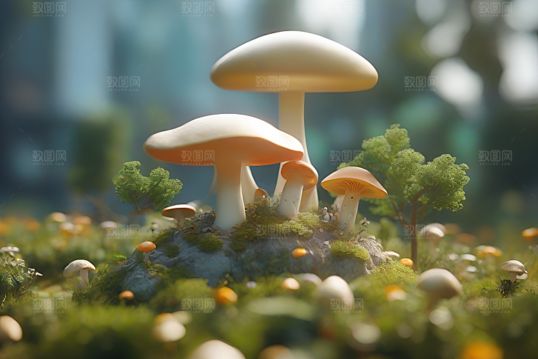 草地上蘑菇的3D渲染效果