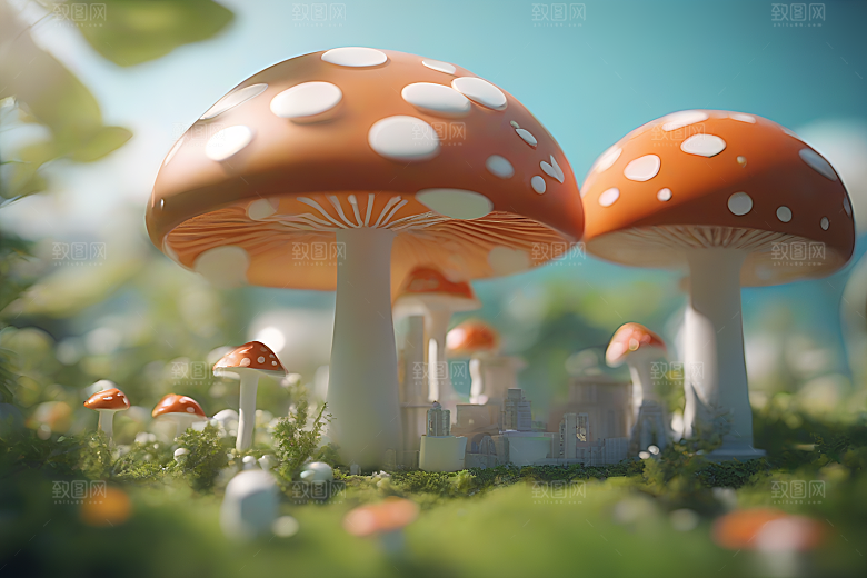 草地上蘑菇的3D渲染效果