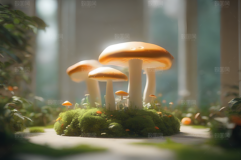 草地上蘑菇的3D渲染效果