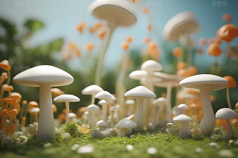 草地上蘑菇的3D渲染效果