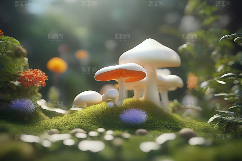草地上蘑菇的3D渲染效果