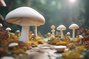 草地上蘑菇的3D渲染效果