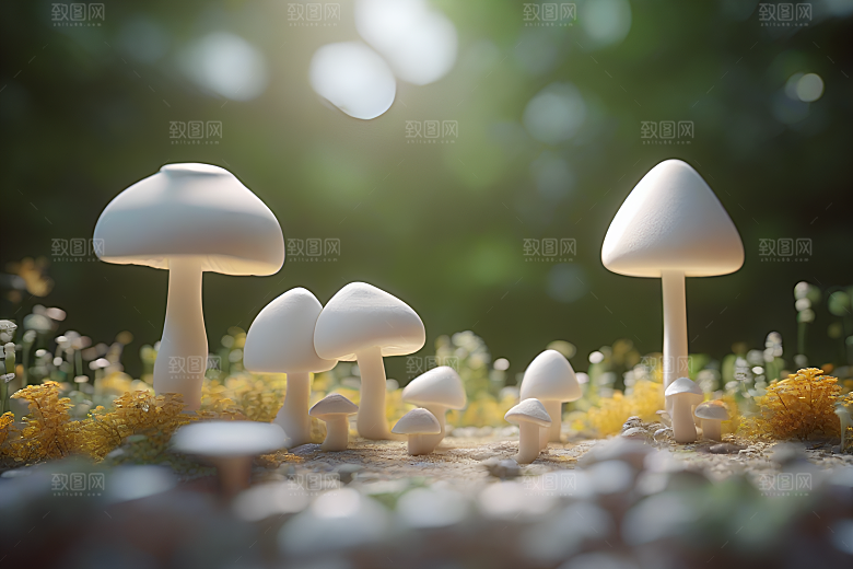 草地上蘑菇的3D渲染效果