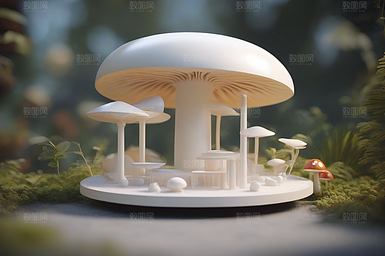 草地上蘑菇的3D渲染效果