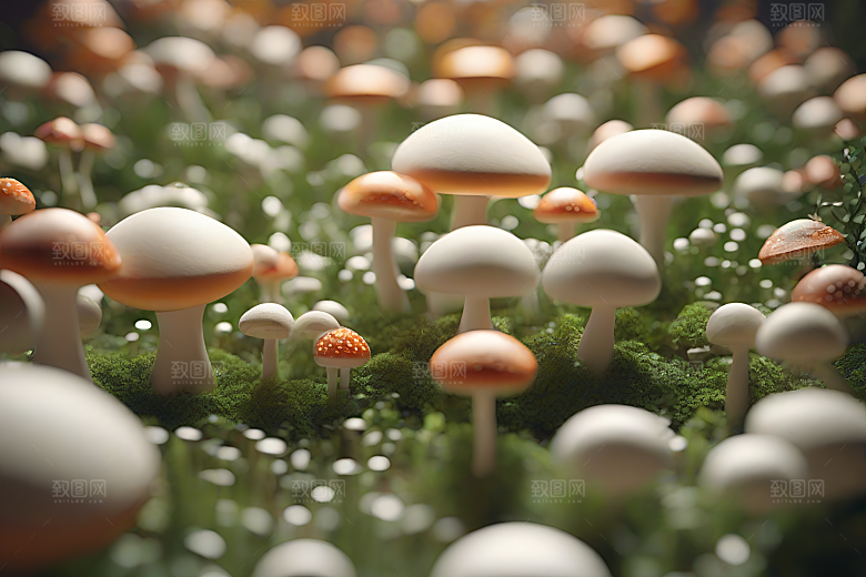 光线追踪渲染下的草地蘑菇