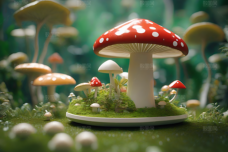 光线追踪渲染下的草地蘑菇