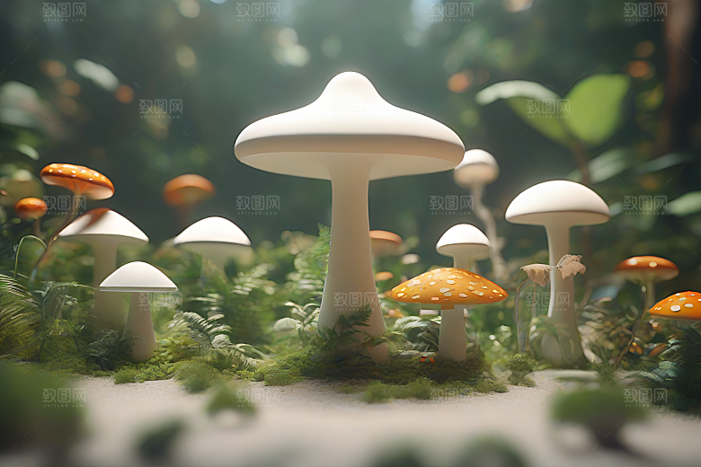 光线追踪渲染下的草地蘑菇
