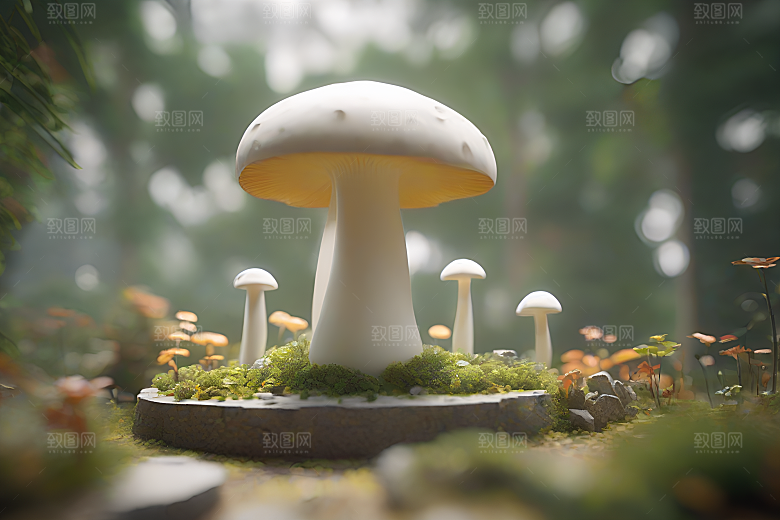 光线追踪渲染下的草地蘑菇