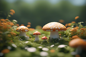 光线追踪渲染下的草地蘑菇