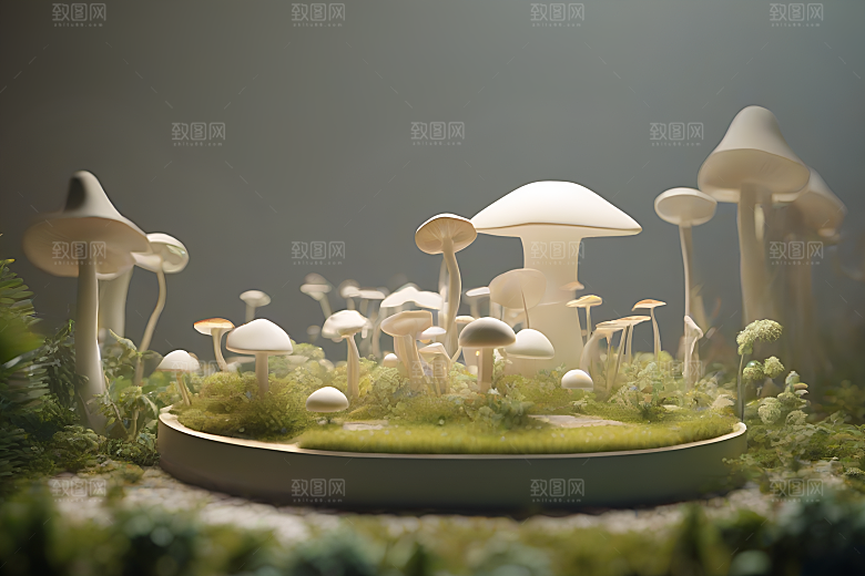 光线追踪渲染下的草地蘑菇