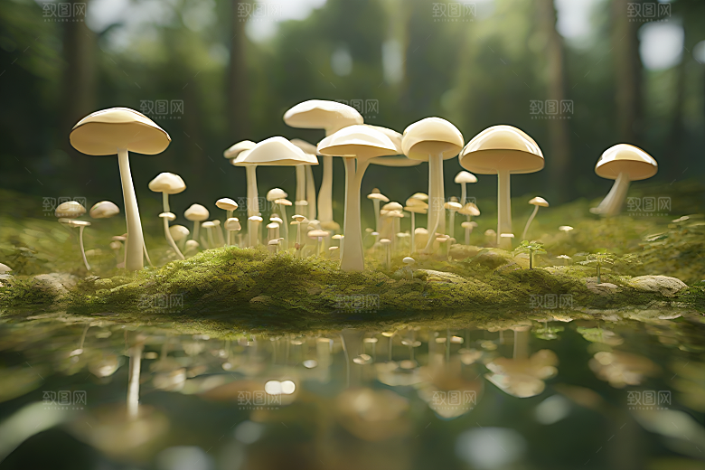光线追踪渲染下的草地蘑菇