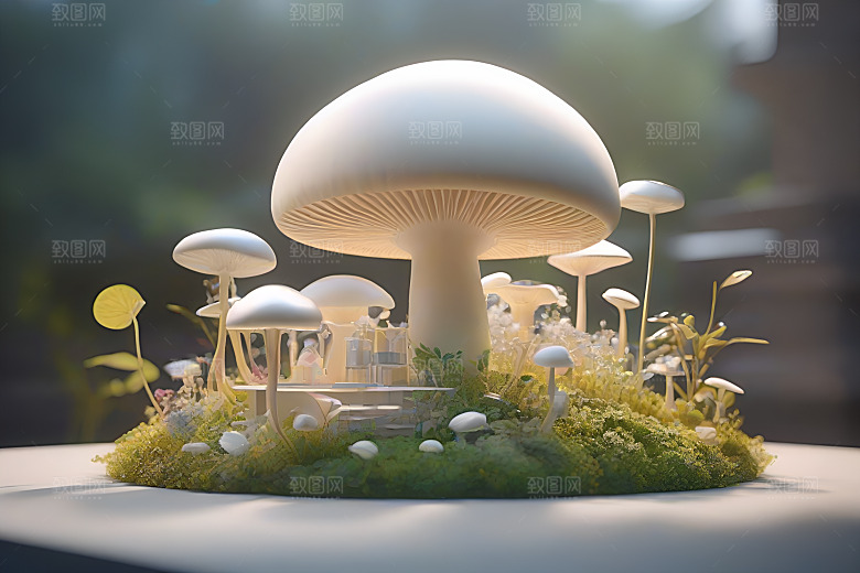 光线追踪渲染下的草地蘑菇