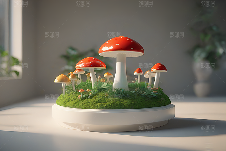 光线追踪渲染下的草地蘑菇