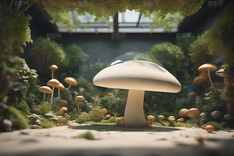 光线追踪渲染下的草地蘑菇