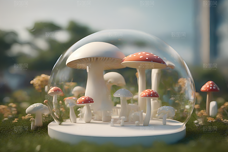 光线追踪渲染下的草地蘑菇