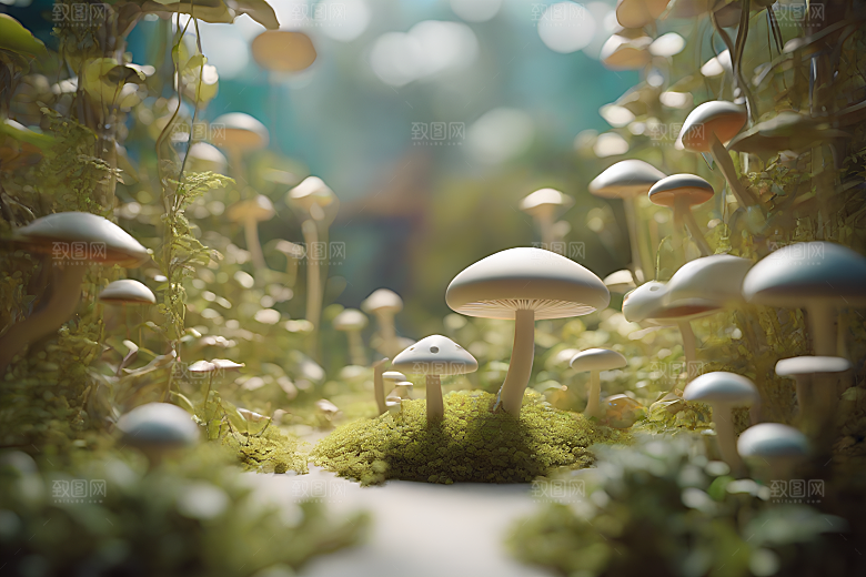 光线追踪渲染下的草地蘑菇