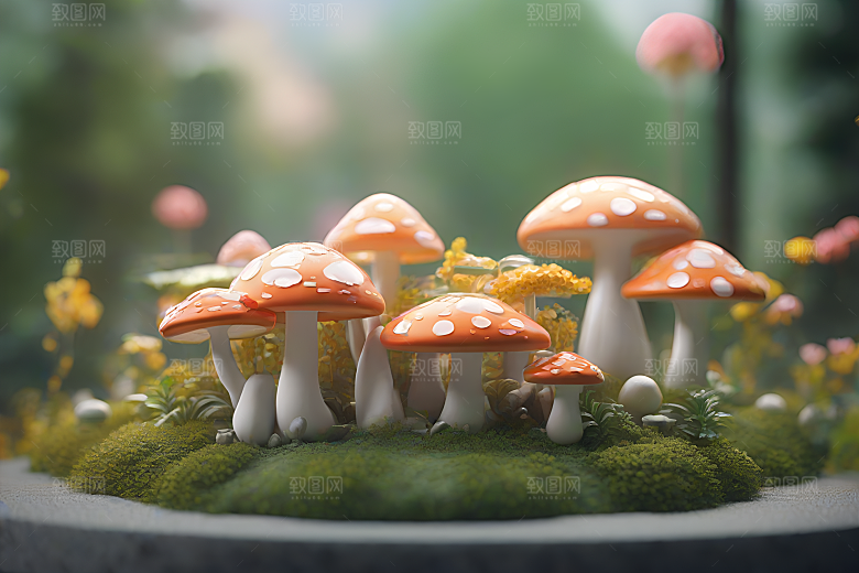 光线追踪渲染下的草地蘑菇