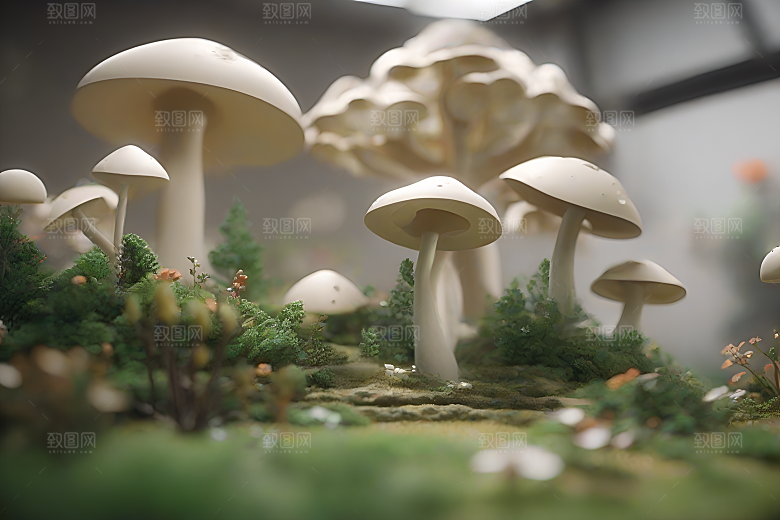 光线追踪渲染下的草地蘑菇