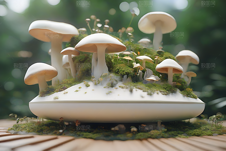 蘑菇群在树木与灌木丛中的景象