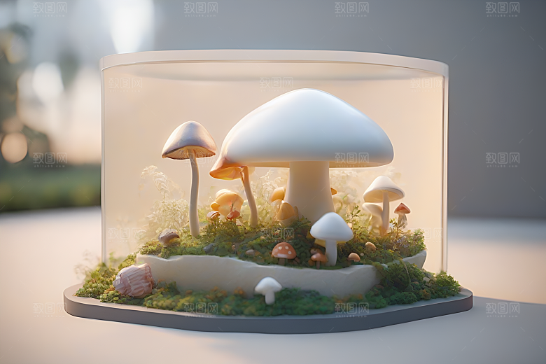 蘑菇群在树木与灌木丛中的景象