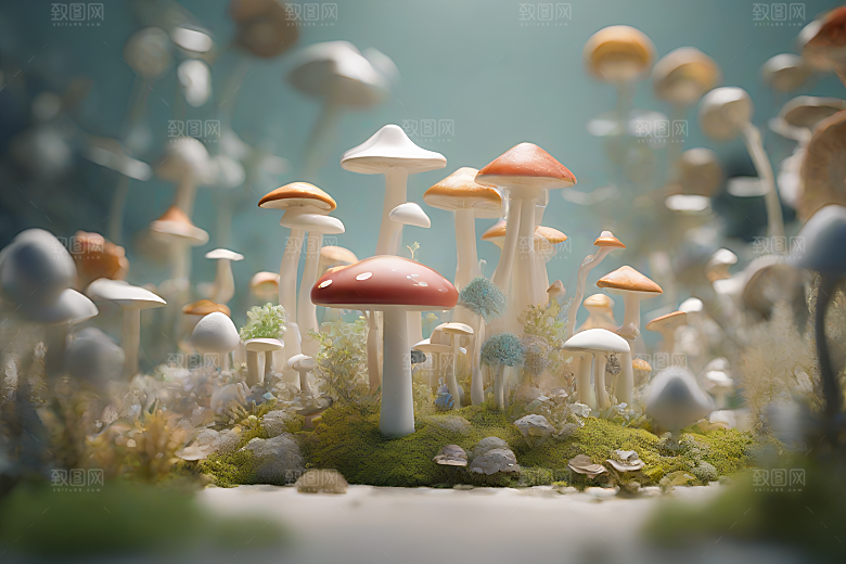 蘑菇群在树木与灌木丛中的景象