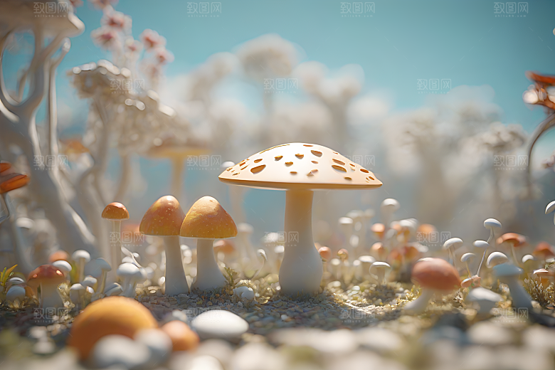 蘑菇群在树木与灌木丛中的景象