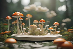 蘑菇群在树木与灌木丛中的景象