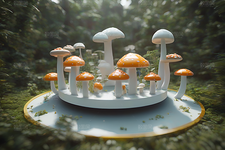 蘑菇群在树木与灌木丛中的景象