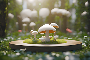 蘑菇群在树木与灌木丛中的景象