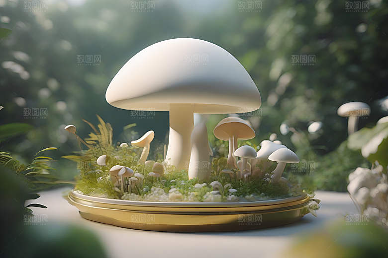 蘑菇群在树木与灌木丛中的景象