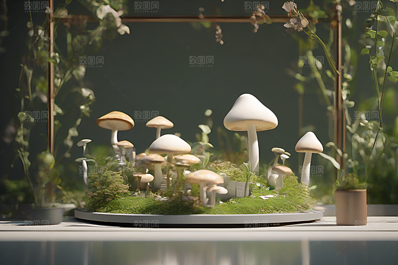 蘑菇群在树木与灌木丛中的景象