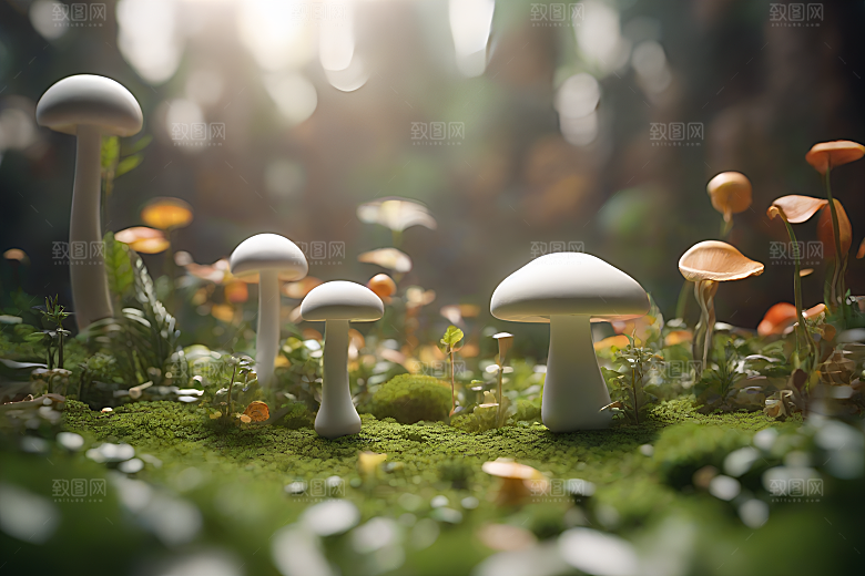 草地中的蘑菇群与逼真背景