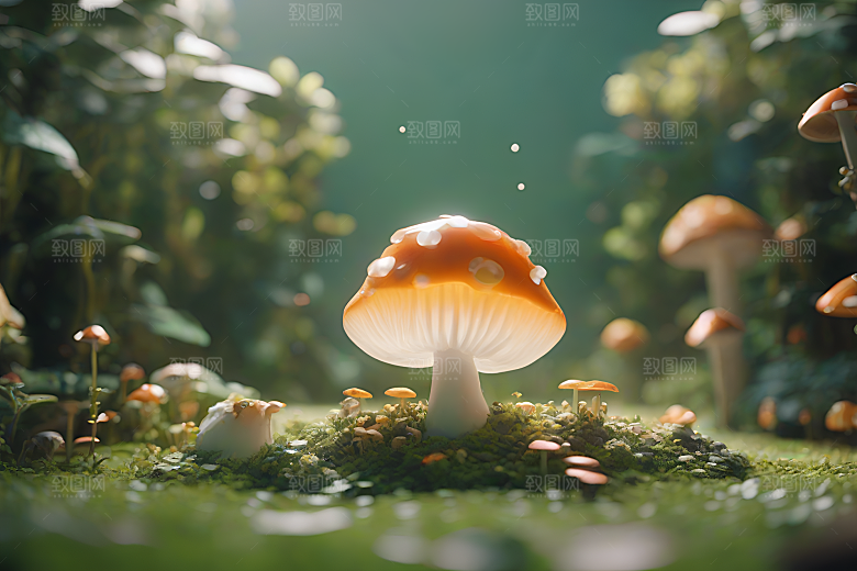 草地中的蘑菇群与逼真背景