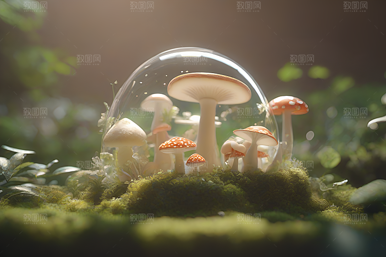 草地中的蘑菇群与逼真背景
