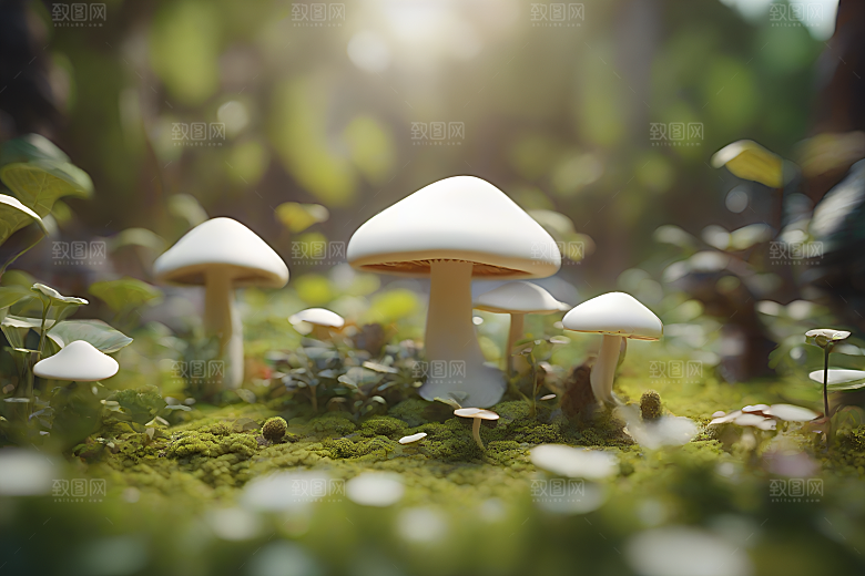 草地中的蘑菇群与逼真背景