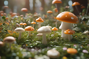 草地中的蘑菇群与逼真背景