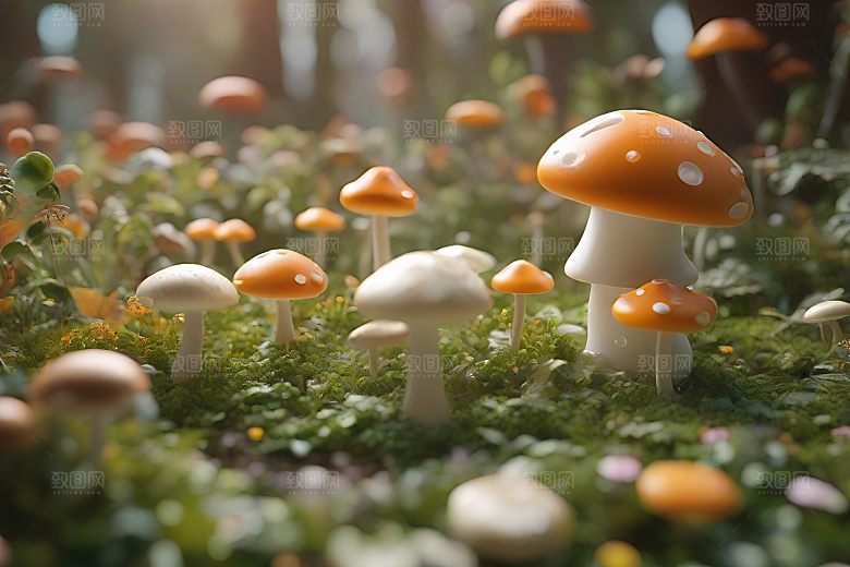 草地中的蘑菇群与逼真背景