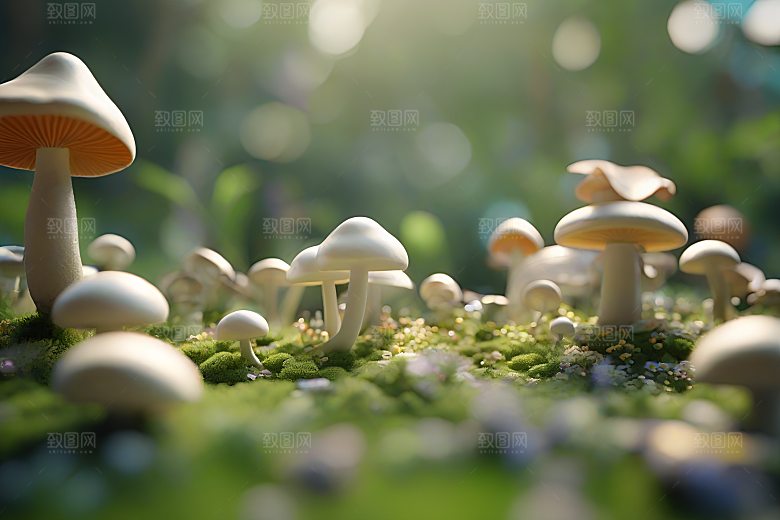 草地中的蘑菇群与逼真背景