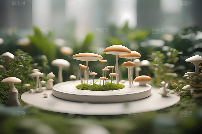 草地中的蘑菇群与逼真背景