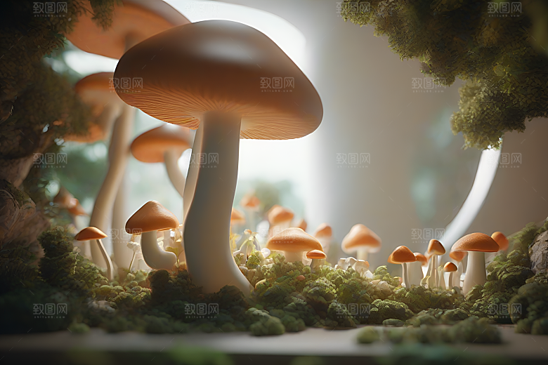 草地中的蘑菇群与逼真背景